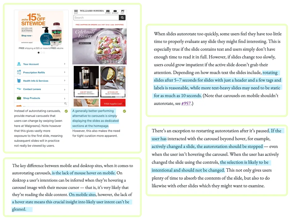 Baymard Institute research recommendations on homepage carousel usability