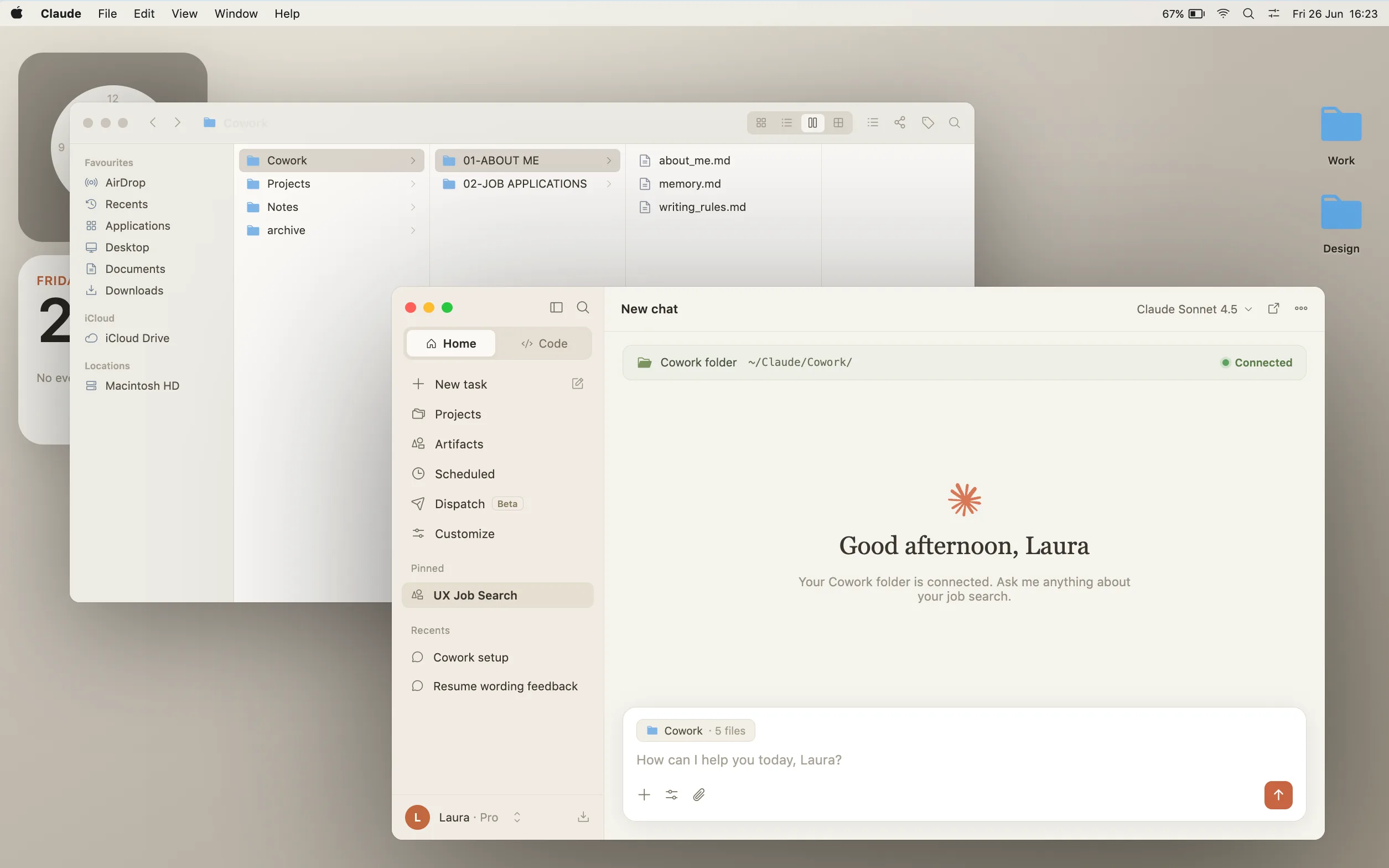 Finder and Cowork open side by side, showing the connected folder structure