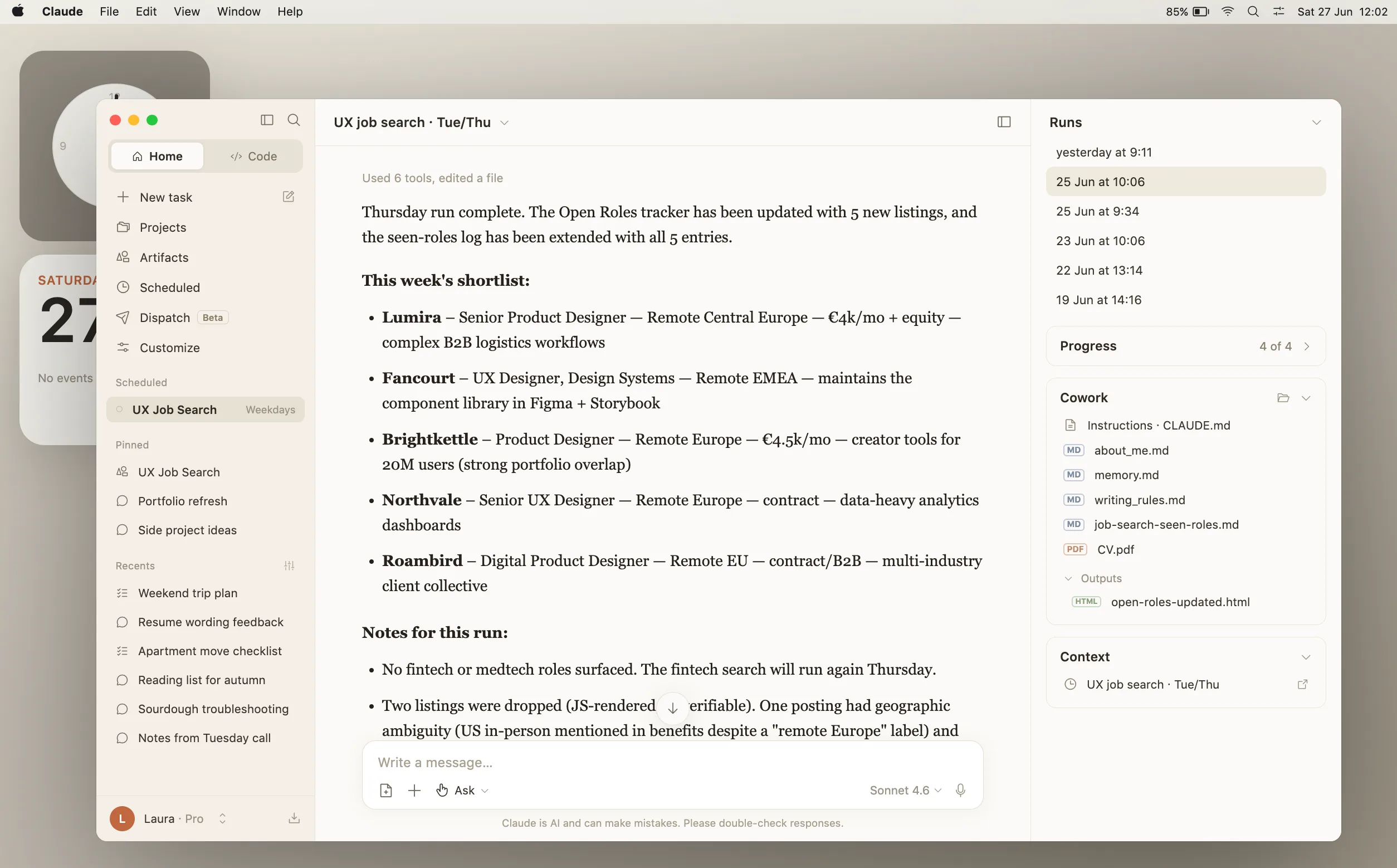 An example shortlist output from Cowork