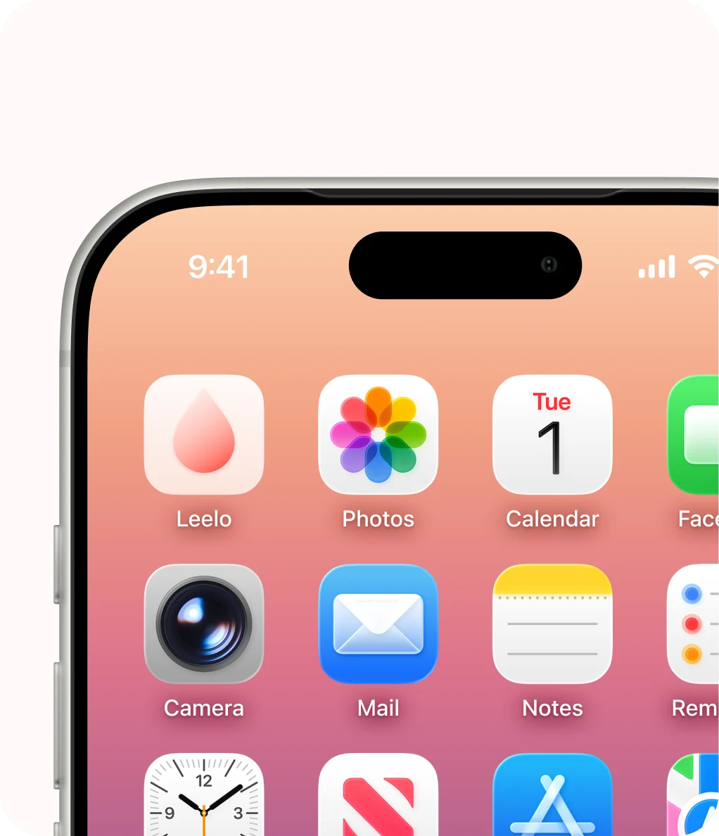 Leelo's app icon on an iPhone Home Screen, evening wallpaper