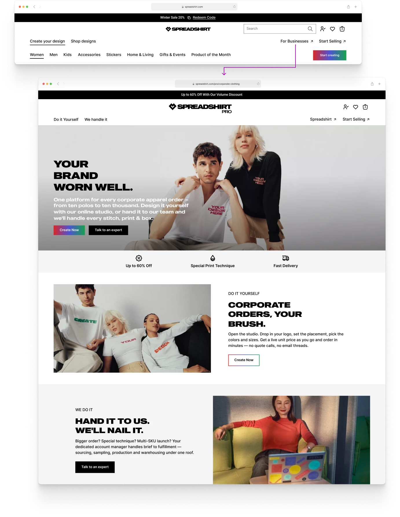 The proposed Spreadshirt Pro hub, separate from the store, with two clear paths above the fold