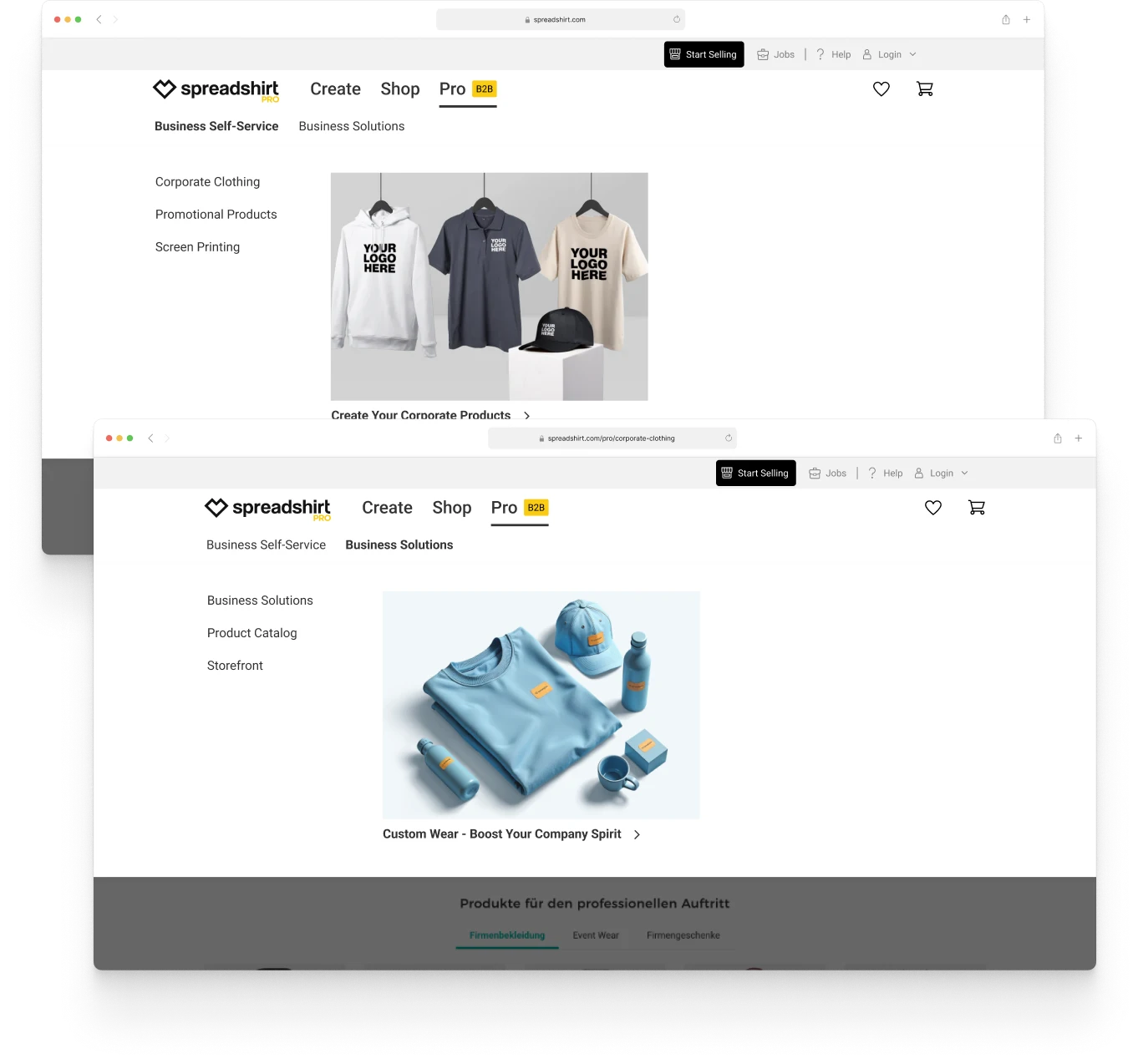 The old Pro navigation labelled Business Self-Service and Business Solutions, with sub-pages naming internal categories