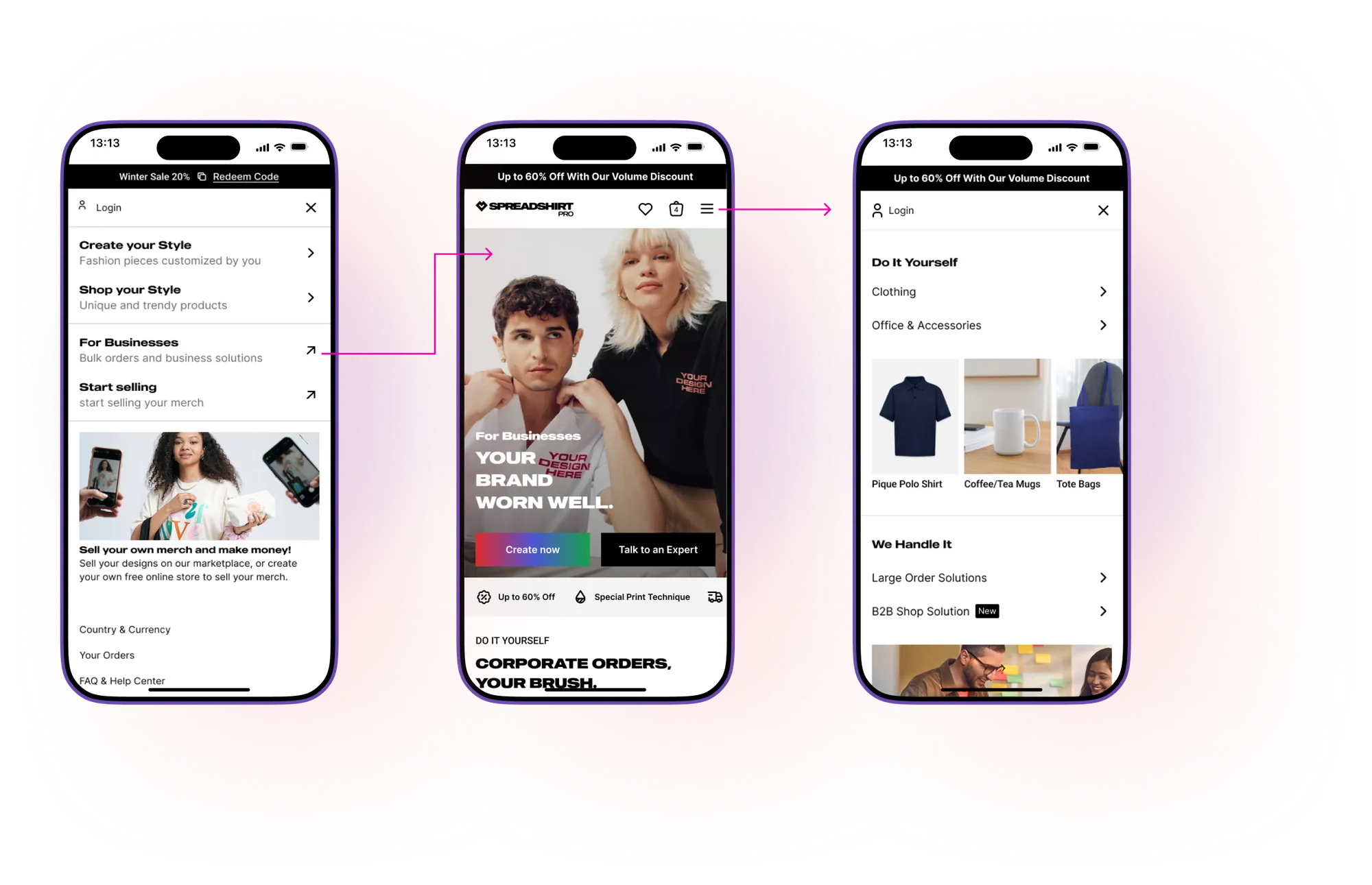The mobile flow: main Spreadshirt navigation, the Spreadshirt Pro homepage, and the Spreadshirt Pro navigation