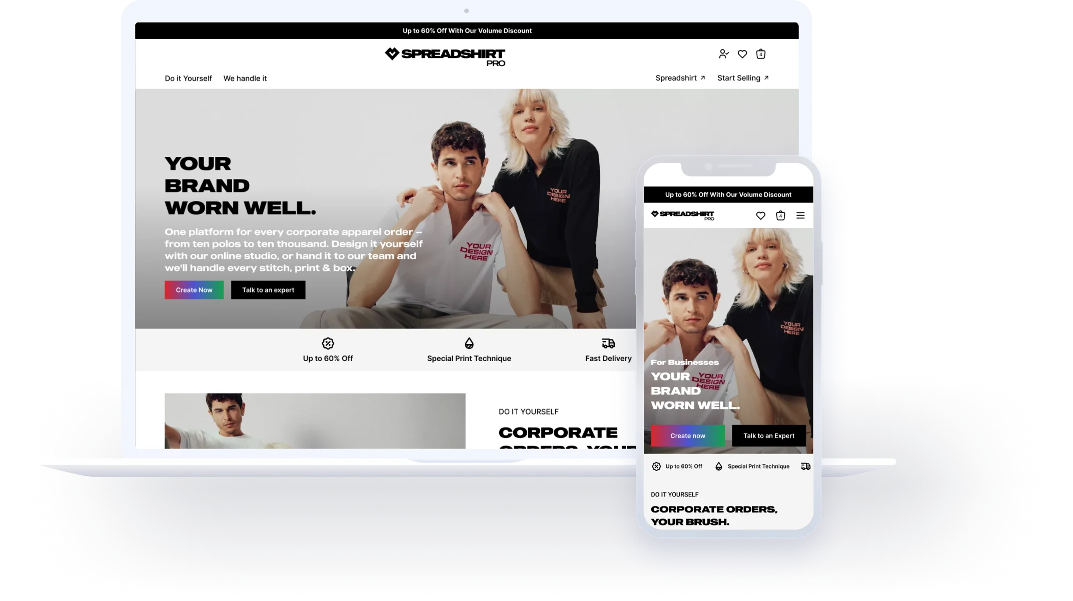 Spreadshirt Pro homepage, desktop and mobile view