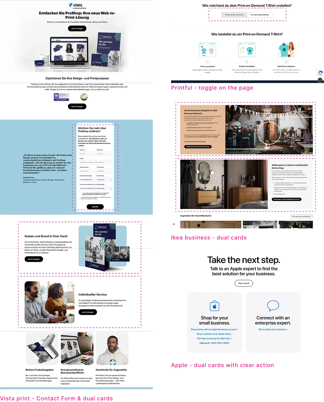Competitor references — Vista Print contact form, Printful toggle, Ikea Business, Apple dual cards