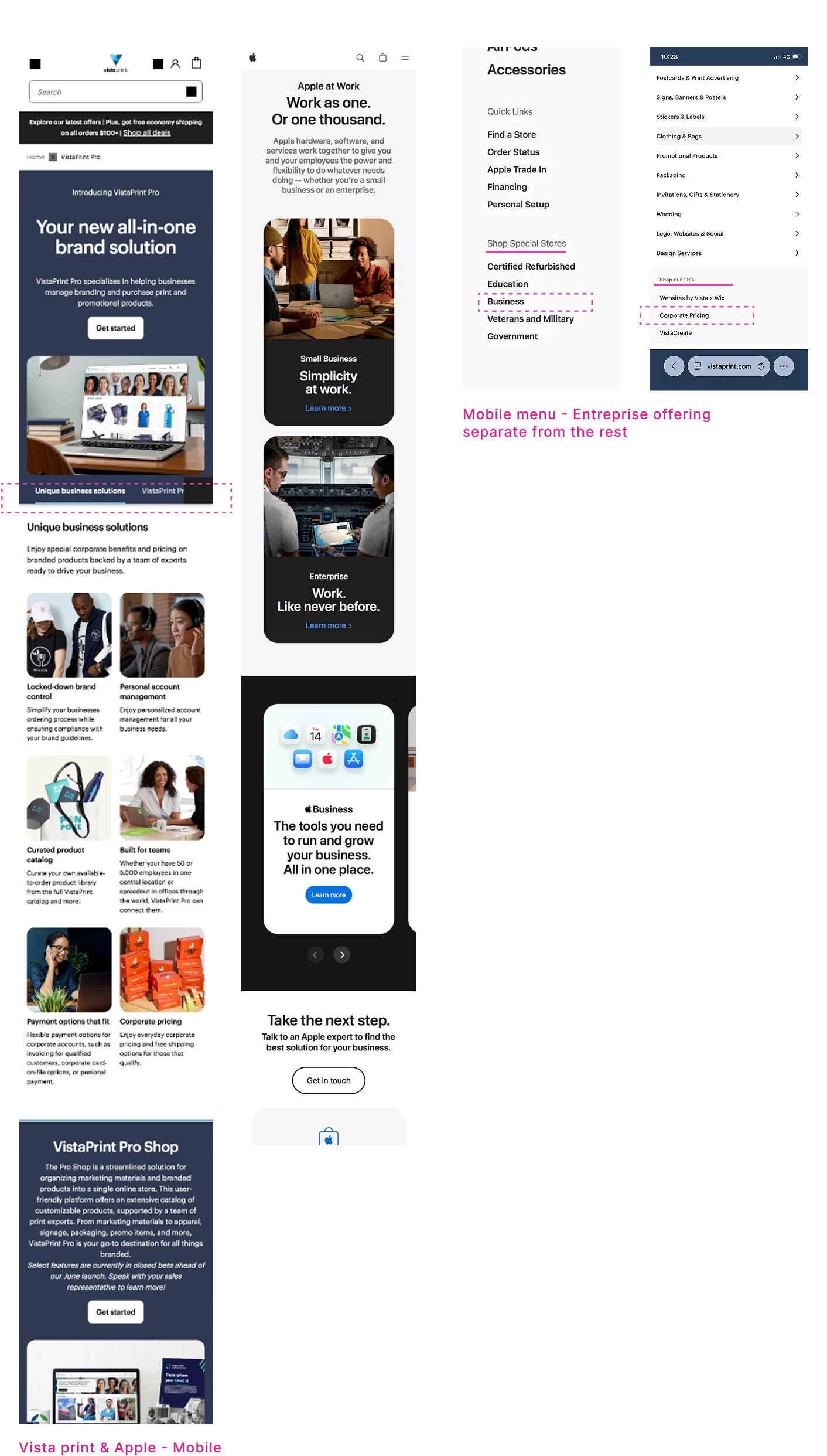 Mobile competitor patterns — Vista Print and Apple separating B2B offers in navigation and landing pages