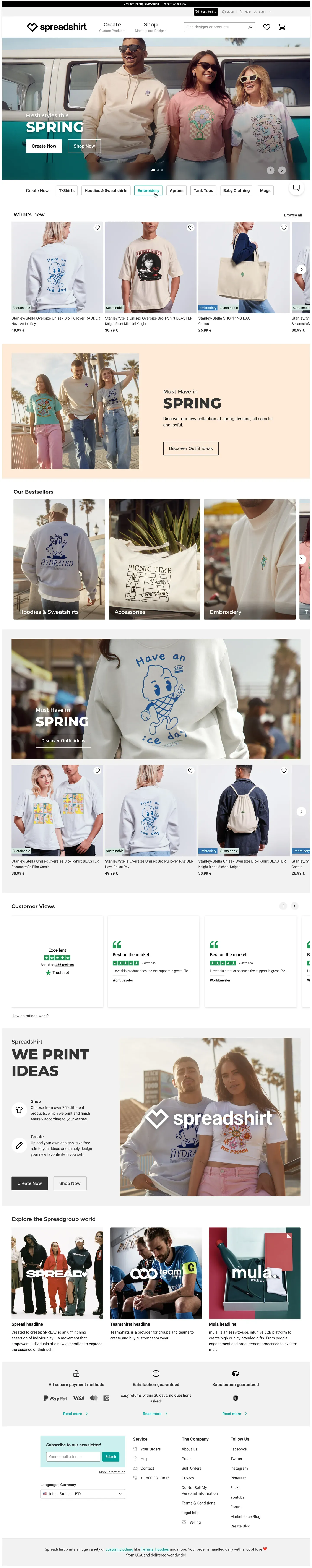 Spreadshirt homepage Phase 1, full desktop view