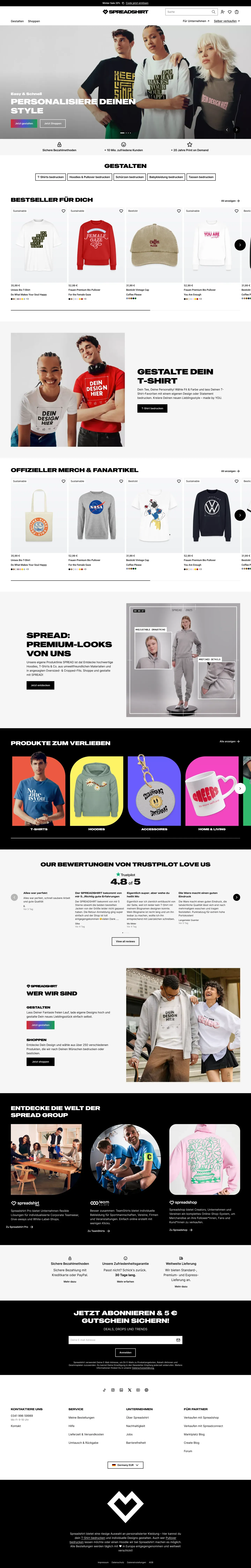 Spreadshirt homepage Phase 2, full desktop view with rebrand