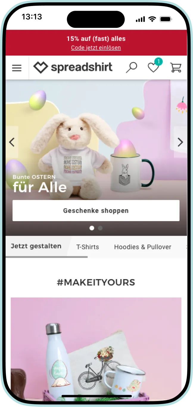 Spreadshirt homepage before the redesign, mobile view