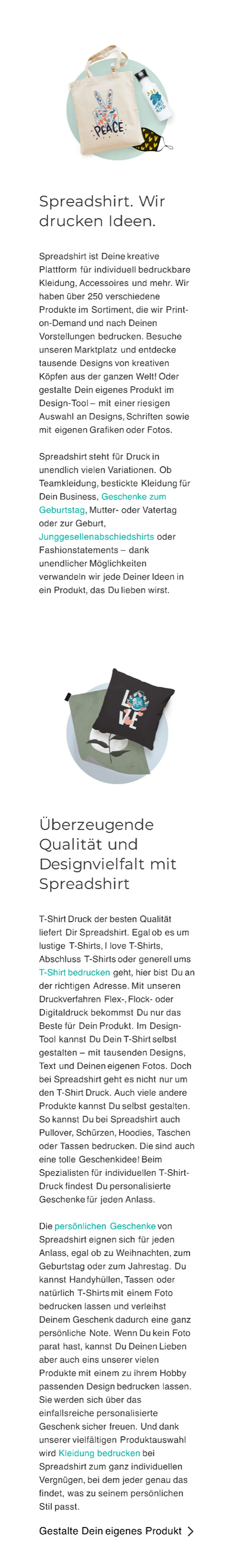 Old Spreadshirt homepage, long SEO text scrolling
