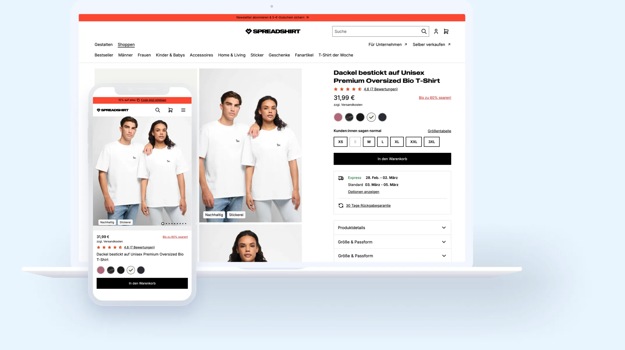 Spreadshirt product detail page redesign, desktop and mobile view