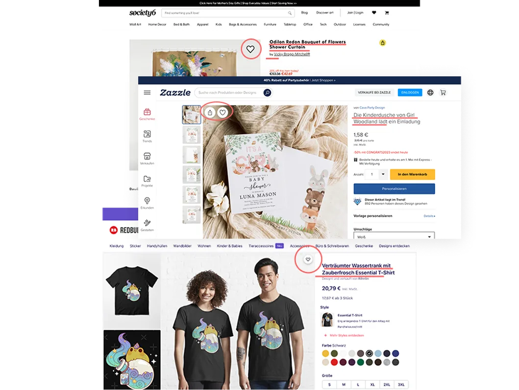 Competitor analysis: how Redbubble, Zazzle and Society6 handle favourite buttons and design name placement on PDPs