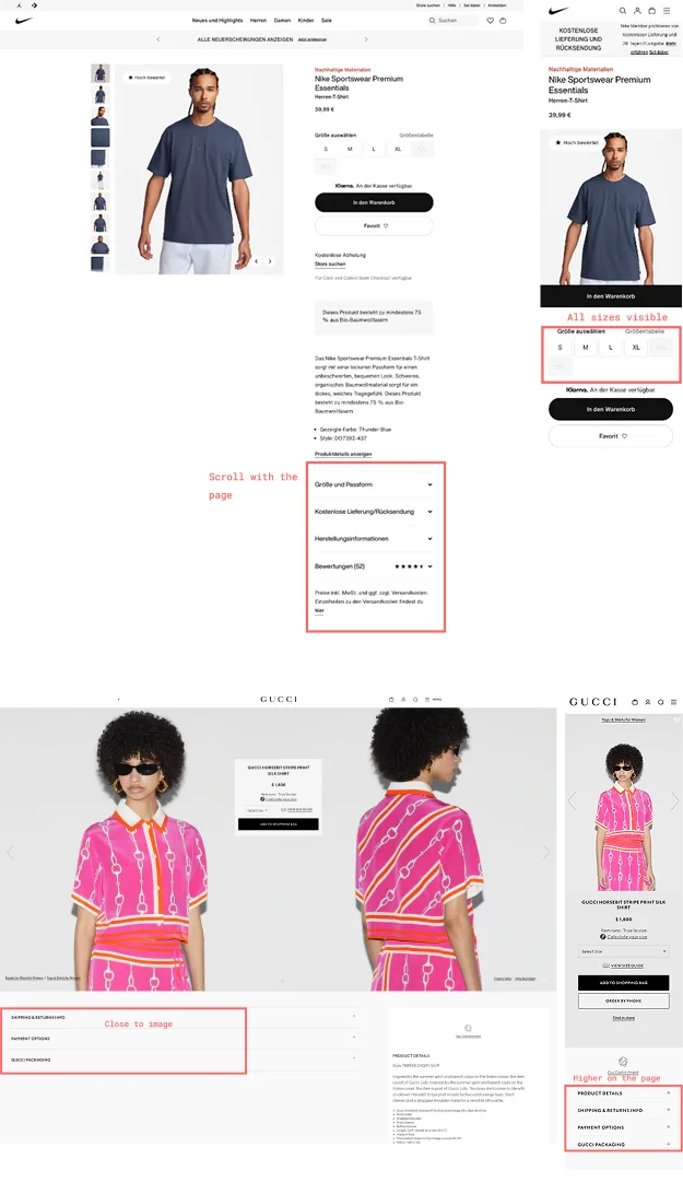Competitor analysis: Nike and Gucci product detail placement patterns on desktop and mobile