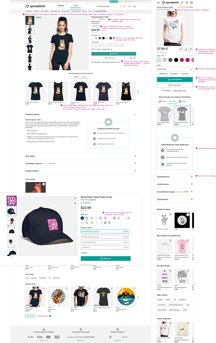 UX audit of the current Spreadshirt marketplace PDP with annotations flagging friction points