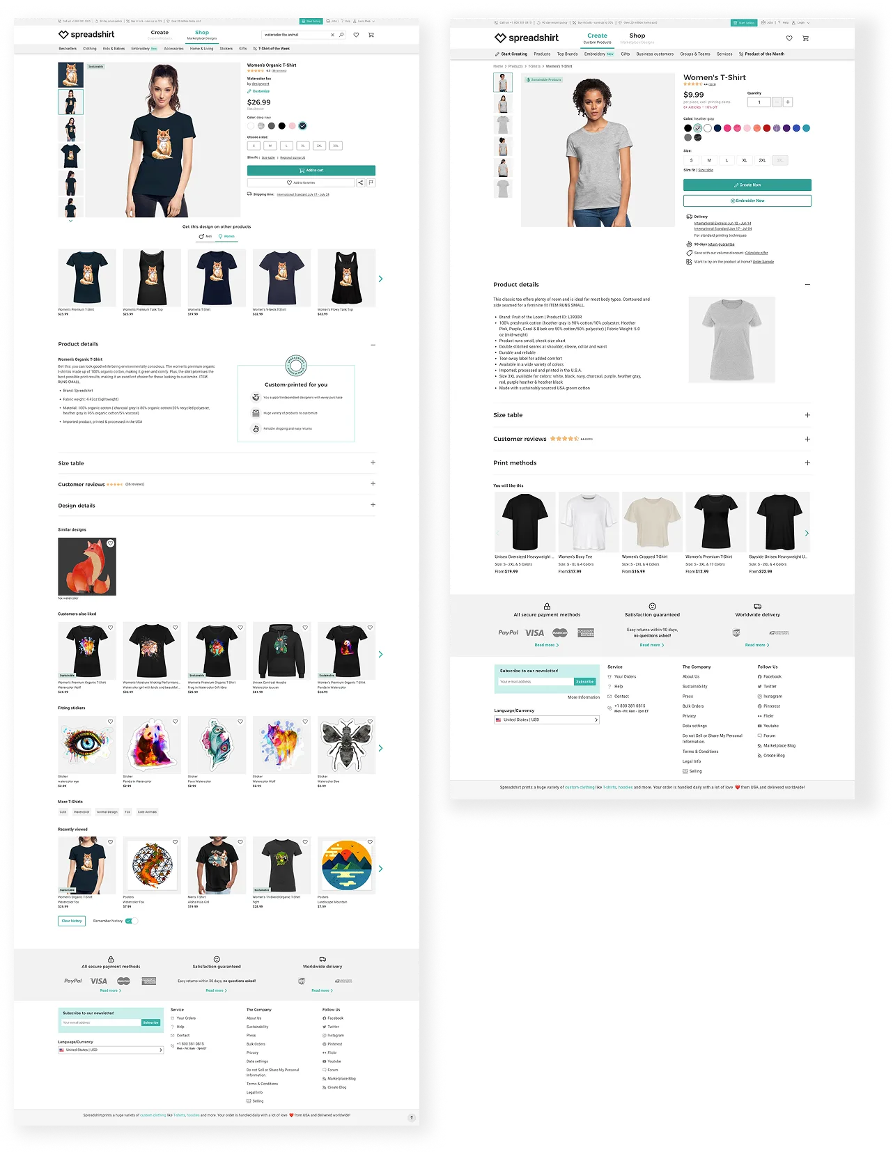 Spreadshirt MP PDP and ADP before redesign, side by side comparison showing inconsistent layouts