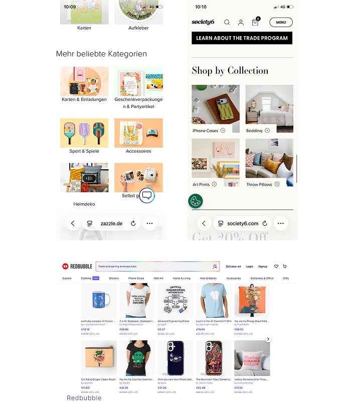 Competitor analysis: Zazzle, Society6 and Redbubble show curated, shoppable category layouts on their homepages
