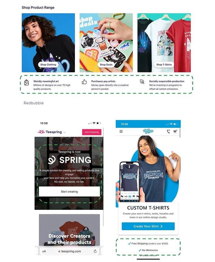 Competitor analysis: Spring and other platforms prominently display trust signals, brand values and creator-focused messaging