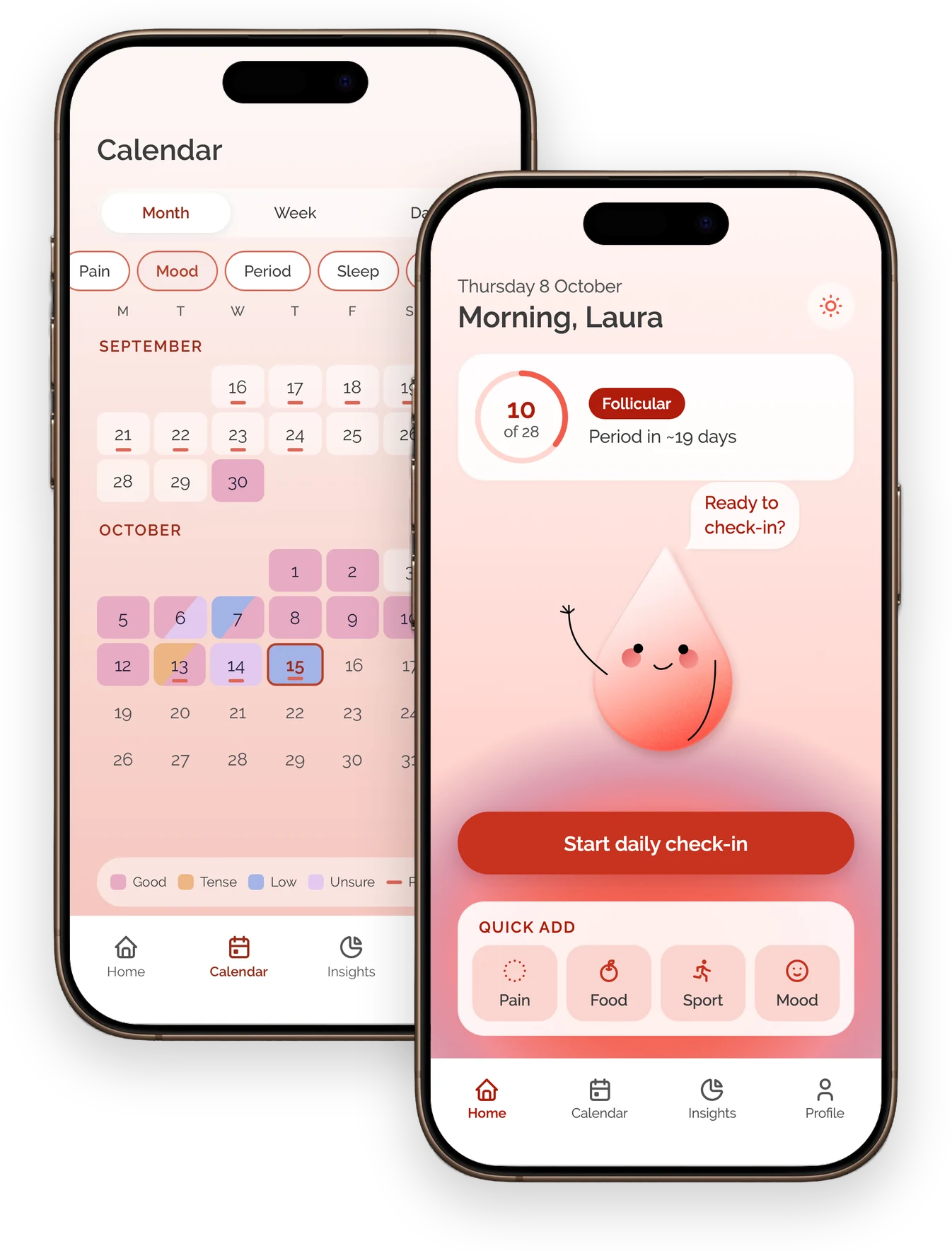 Leelo on two phones: the Home screen, “Morning, Laura” with Leelo waving, in front of the Calendar month view