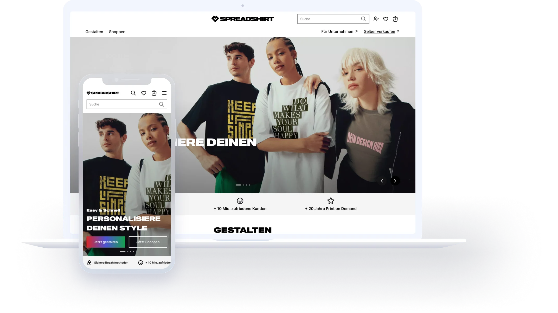 Spreadshirt homepage redesign, desktop and mobile view