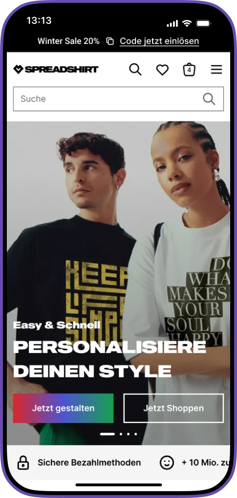 Spreadshirt redesigned homepage on iPhone, Phase 2 rebrand