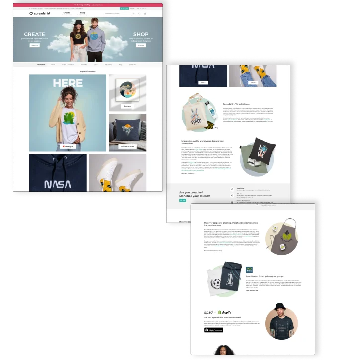 Spreadshirt homepage before the redesign, rigid layout with limited content control
